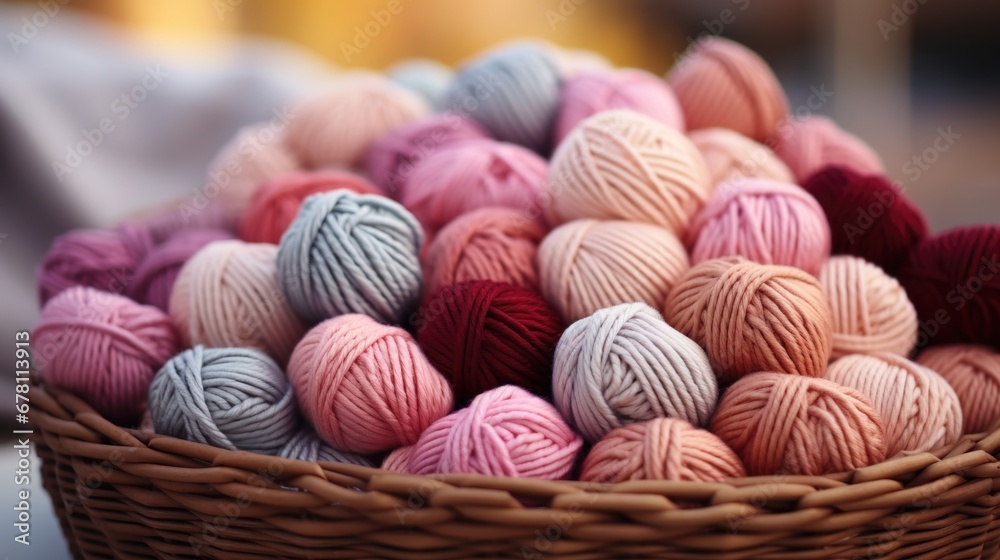 Close-up of coloured skeins of wool thread in a wooden basket. Cosy hobby concept. Generative AI