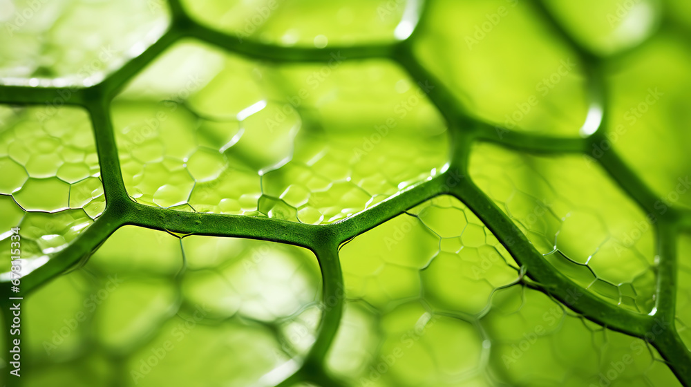 Fantasy plant cells microscopy. Green organic structures. Microlife concept. Generative AI