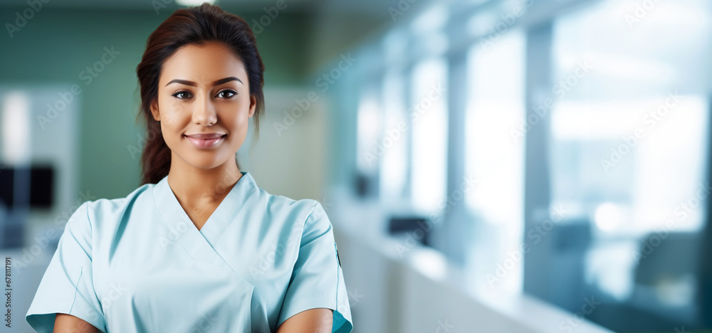 Beautiful female healthcare worker. Doctor or nurse in white coat. Medical concept. Generative AI