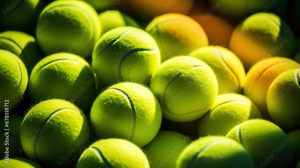 Closeup of a plenty of tennis balls on an empty tennis court, the sunshine. Sports lifestyle concept. Generative AI