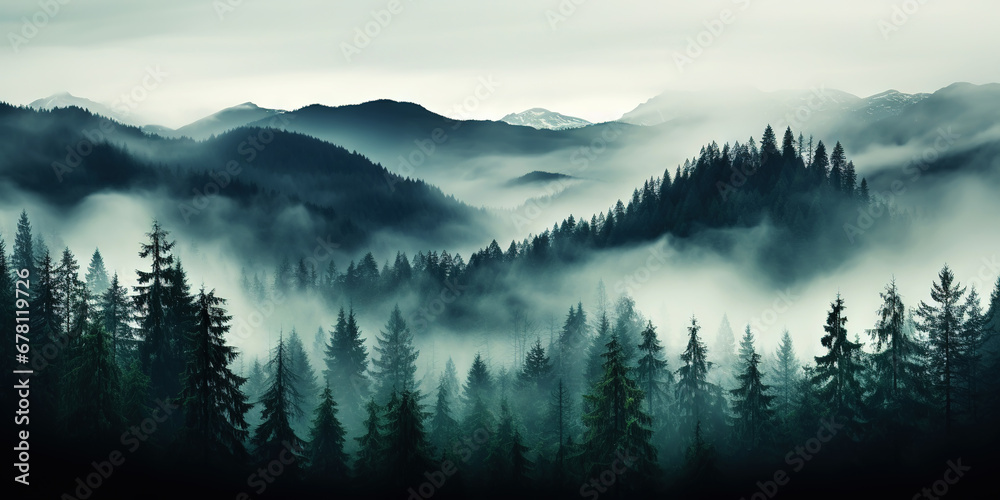 Misty mountain landscape with fir forest in vintage retro style. Generative AI