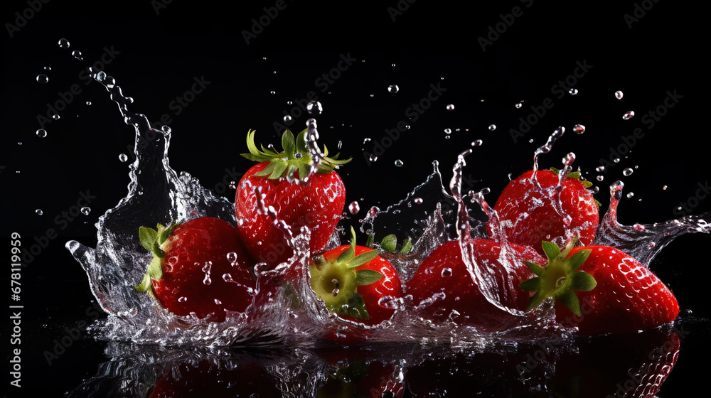 Fresh strawberry with water splashes on dark background. Generative AI