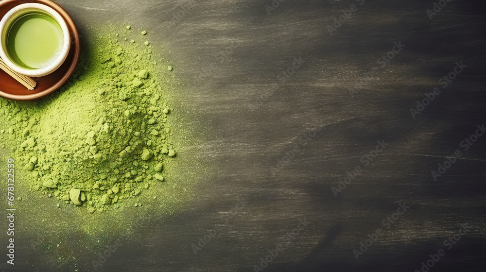 Matcha tea powder in a wooden plate on dark background with whisk, top view, copy space. Generative AI