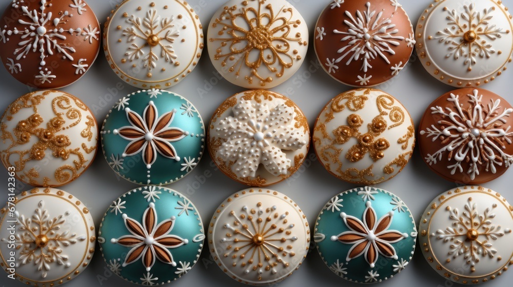 Delicious handmade Christmas cookies with festive glazed decoration. Top view. Generative AI