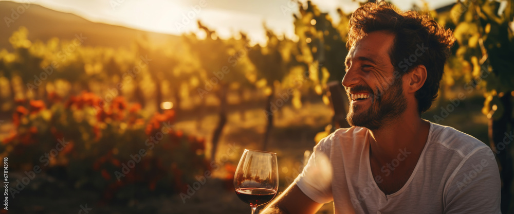 Portrait of a smiling man with a glass of wine, blurred backdrop of vineyard on a sunset. Generative AI