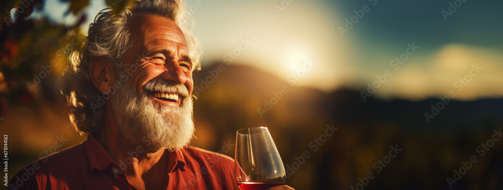 Senior smiling man with a glass of wine, blurred backdrop of vineyard on a sunset. Generative AI