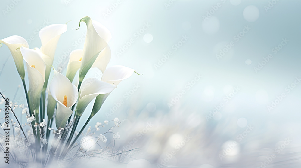 spring flowers in snow on blur background, copy space