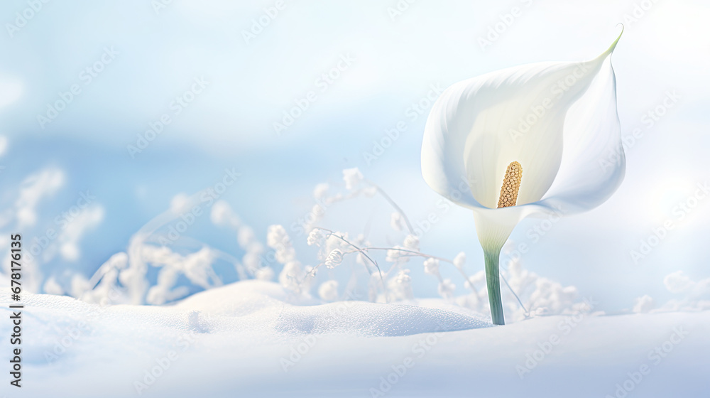 spring flowers in snow, A white calla lily sending off snowflakes over a serene winter landscape