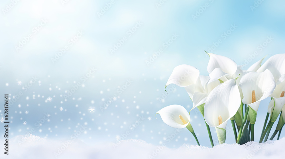 spring flowers in snow, A white calla lily sending off snowflakes over a serene winter landscape