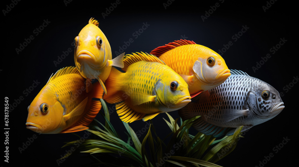 fish in aquarium, yellow fish, Cichlids fish, a group of fish