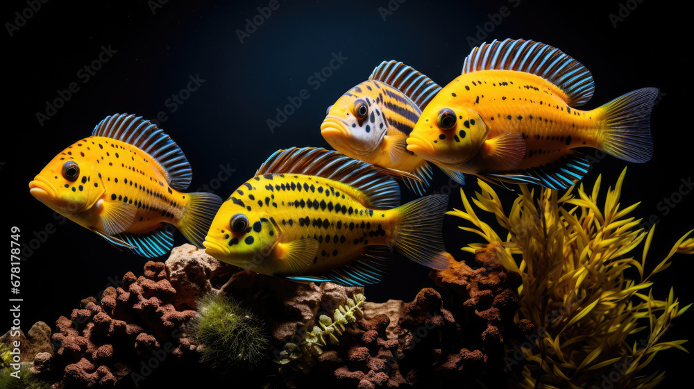 fish in aquarium, yellow fish, Cichlids fish, a group of fish