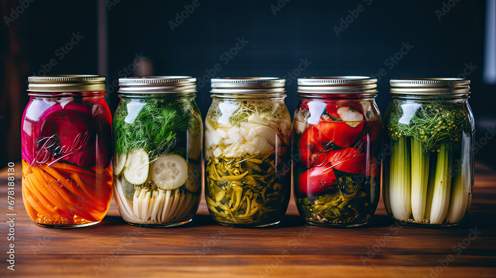 Fermented food, shot from above with copy space. Homemade vegetable preserves. Sauerkraut, pickles, kimchi etc in glass jars. Healthy probiotic diet.Fermented vegetables in jars