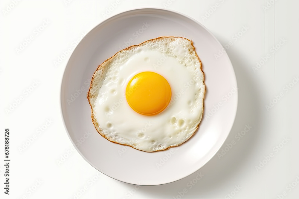 tasty one fried egg on a white plate  isolated on white background, top view