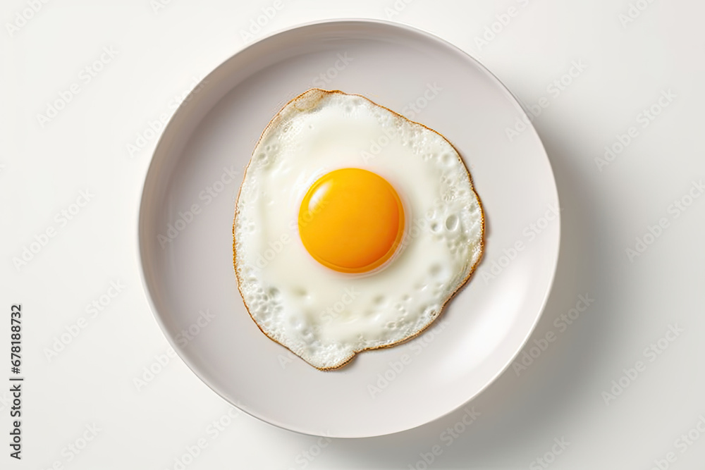 tasty one fried egg on a white plate  isolated on white background, top view