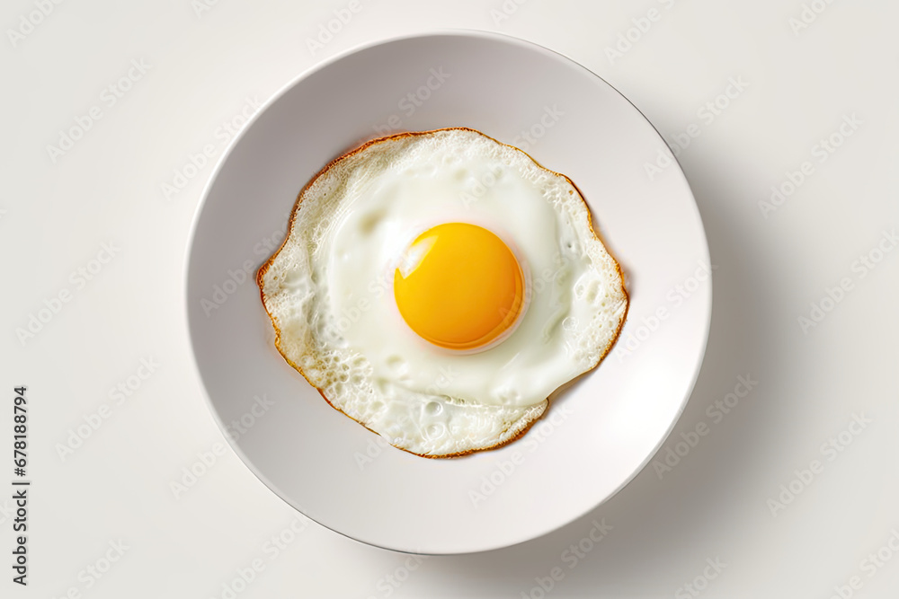 tasty one fried egg on a white plate  isolated on white background, top view