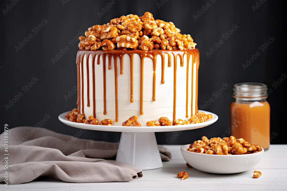 cake with nuts, Caramel drip cake decorated with popcorn and pretzels on white table