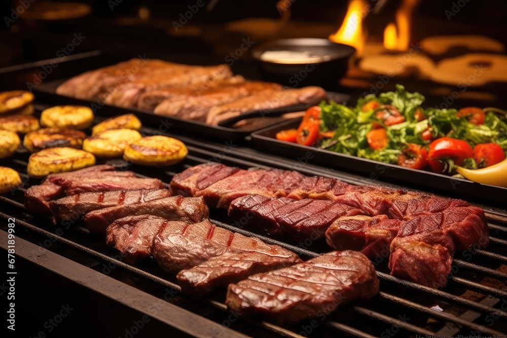 meat on the grill, A spread of diverse cuts of meat on a churrasco grill