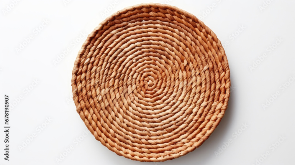 Circular wicker texture background, wicker basket isolated on white, top view