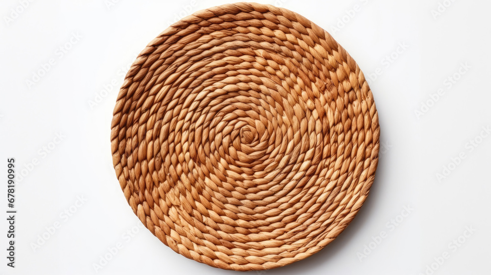 Circular wicker texture background, wicker basket isolated on white, top view