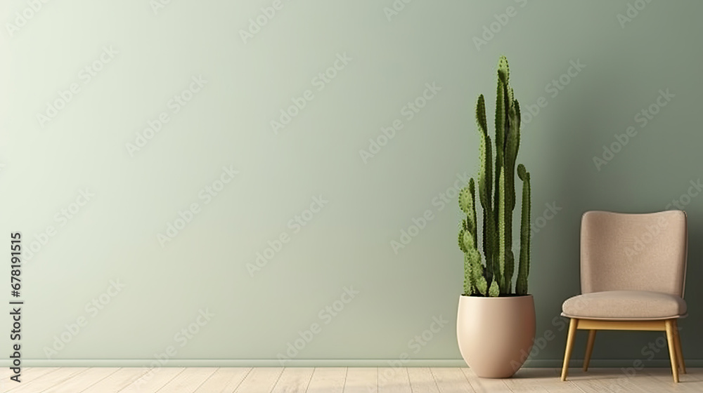 design of living room with  large cactus, chair,  green wall with copy space, Concept for a wall mockup with a minimalist design featuring a large cactus, chair, and a dry branch in a pot.