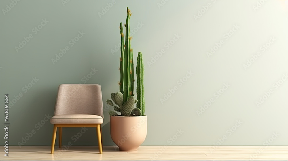 design of living room with  large cactus, chair,  green wall with copy space, Concept for a wall mockup with a minimalist design featuring a large cactus, chair, and a dry branch in a pot.