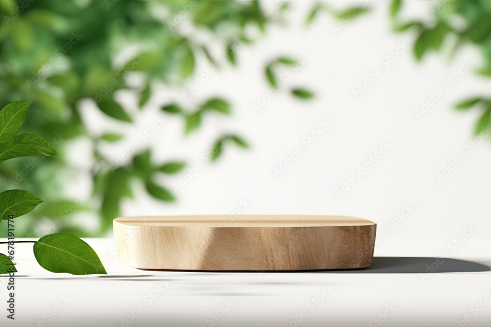 Cosmetics product advertising stand. Exhibition wooden podium on green background with palm leaves and shadows. Empty pedestal to display product packaging. Mockup