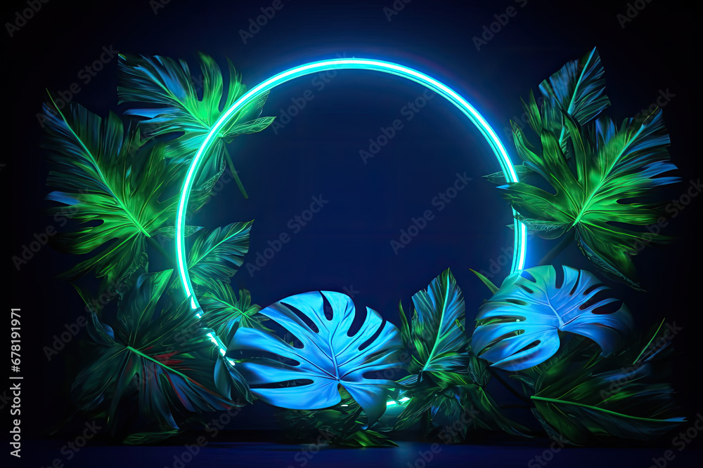 Green and Blue Neon circle Light with Tropical Leaves, tropical island with palm trees, copy space