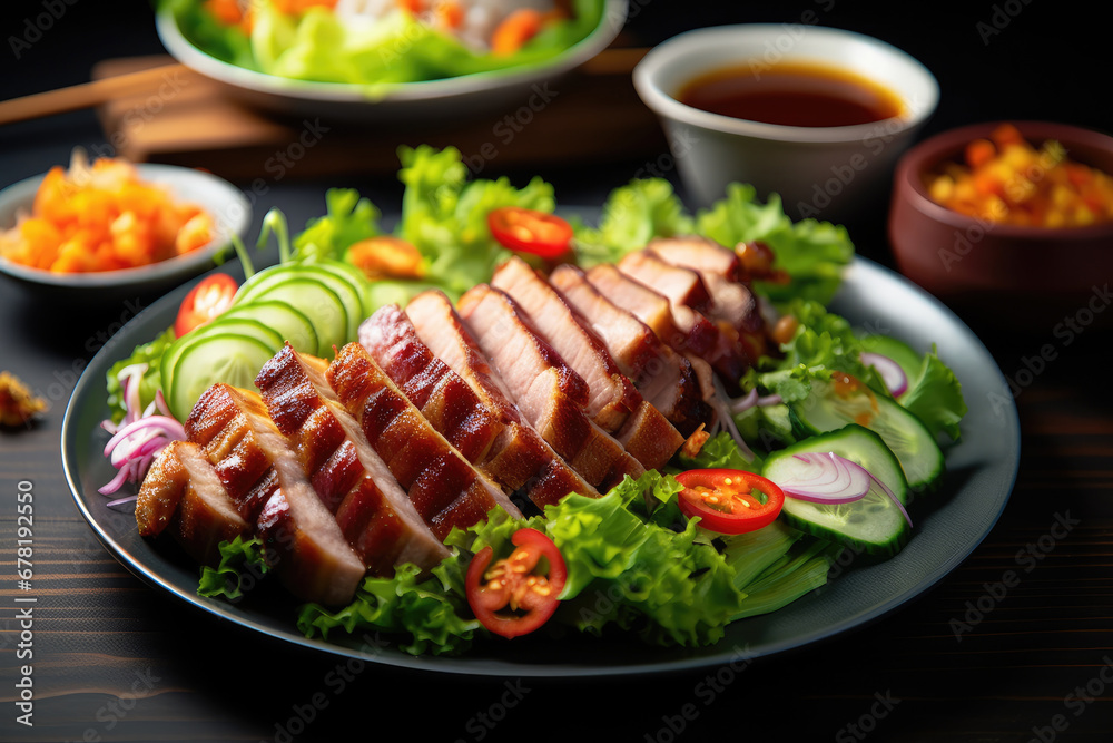 grilled meat with vegetables, grilled pork ribs with vegetables, 