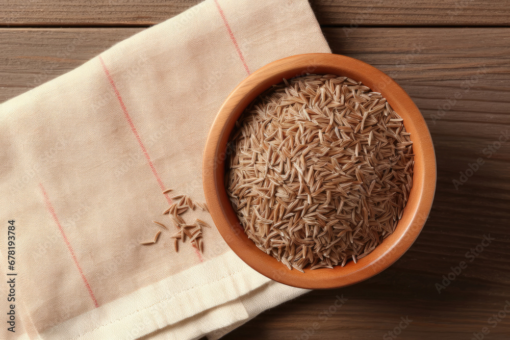 rice in a bowl, Bowl of caraway seeds and napkin on wooden table, top view