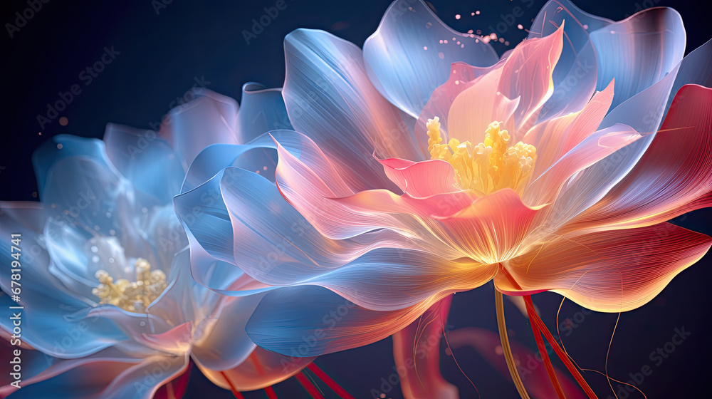 blue and yellow lotus flower, Digital technology transparent colorful flowers abstract background