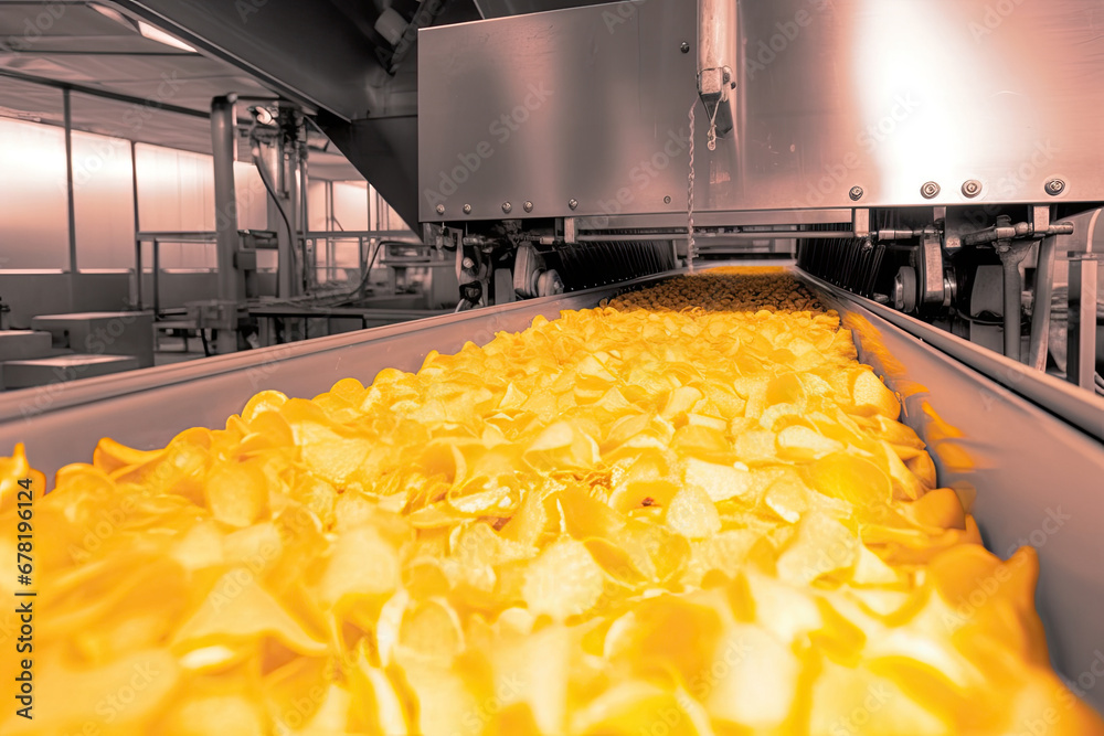 Conveyor line for frying potato chips production at modern food factory., grain elevator in the factory