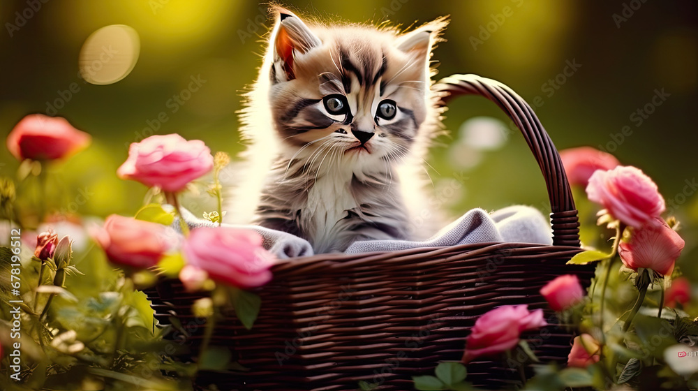 kitten in basket, Tiny cat in a basket on the flowery ground