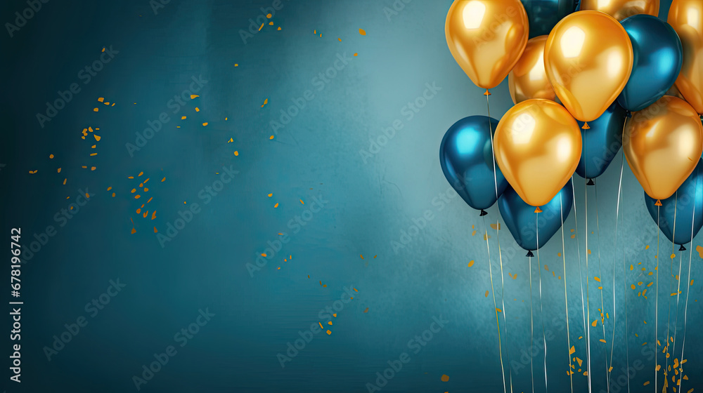 Holiday background with golden and blue metallic balloons, confetti and ribbons. Festive card for birthday party, anniversary, new year, christmas or other events. 