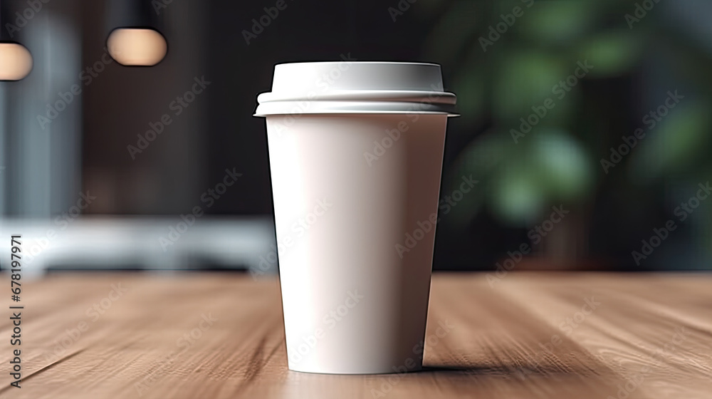 a Coffee paper cup on wooden table, Mockup template for cafes, design of the restaurants corporate style. White cardboard coffee cup Mockup. Template disposable plastic and paperware  