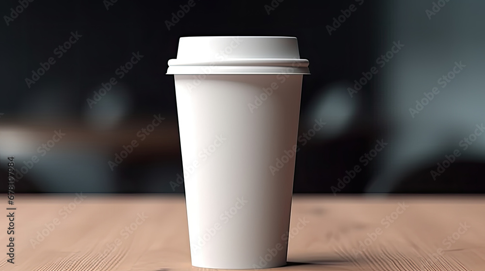 a Coffee paper cup on wooden table, Mockup template for cafes, design of the restaurants corporate style. White cardboard coffee cup Mockup. Template disposable plastic and paperware  