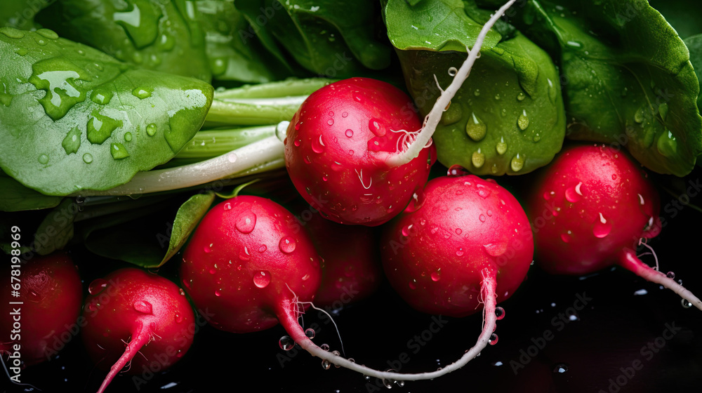 bunch of radishes, Fresh red radish vegetables, Summer harvested red radish. Growing organic vegetables. Large bunch of raw fresh juicy garden radish