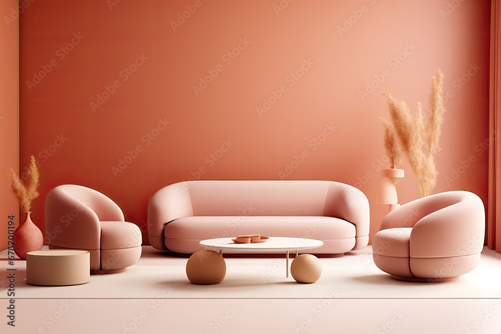 modern living room interior, Curved sofa, ottoman and armchair against coral wall with copy space. Japandi style home interior design of modern living room.