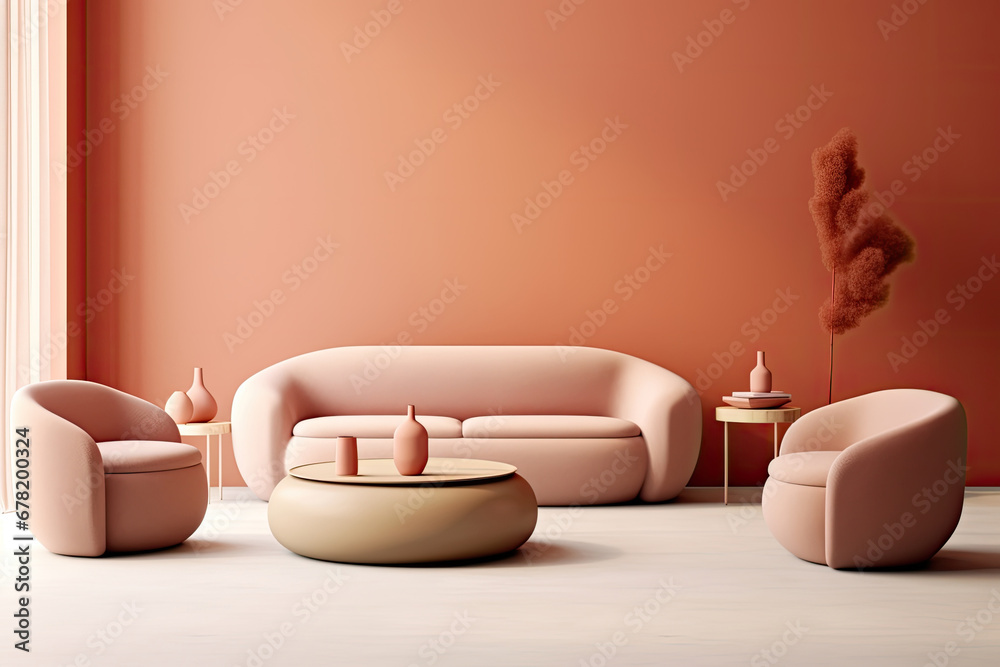 modern living room interior, Curved sofa, ottoman and armchair against coral wall with copy space. Japandi style home interior design of modern living room.