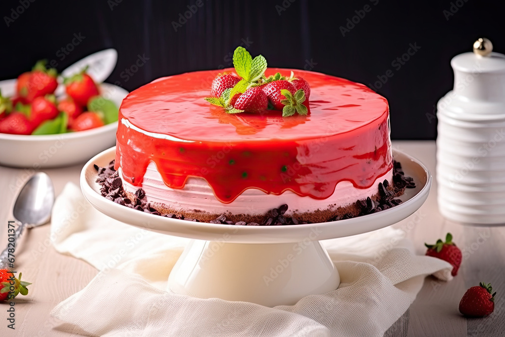 strawberries and cream on a plate, Tasty strawberry cake with red glaze and whipped cream. Creamy cake made of berries and chocolate.