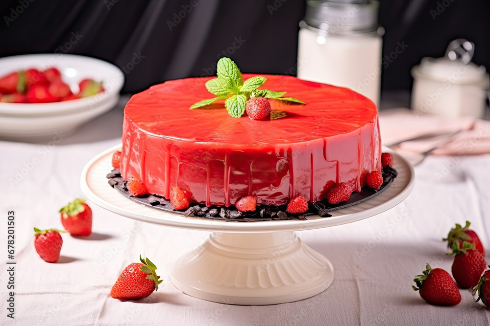 strawberries and cream on a plate, Tasty strawberry cake with red glaze and whipped cream. Creamy cake made of berries and chocolate.