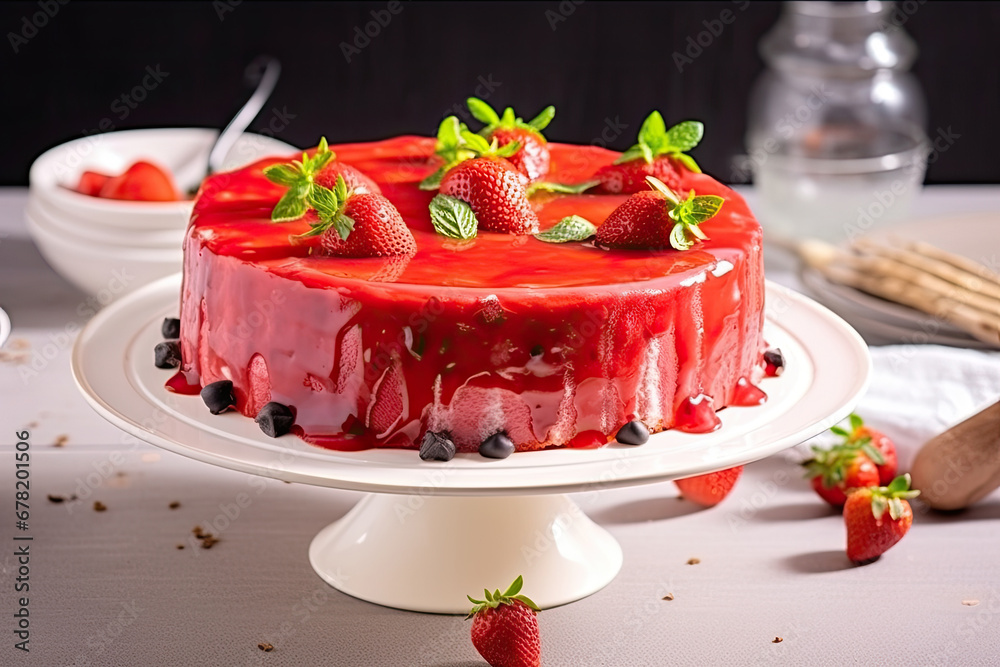 strawberries and cream on a plate, Tasty strawberry cake with red glaze and whipped cream. Creamy cake made of berries and chocolate.