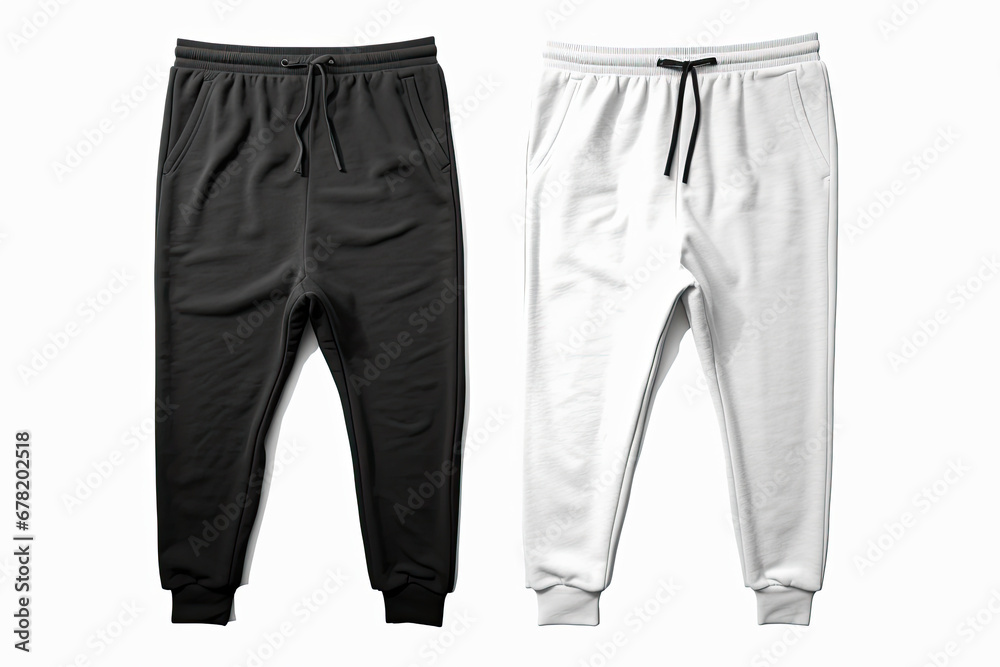 pants isolated on white, Black and white sweat pants or joggers mockup isolated on white background. unisex sport pants.