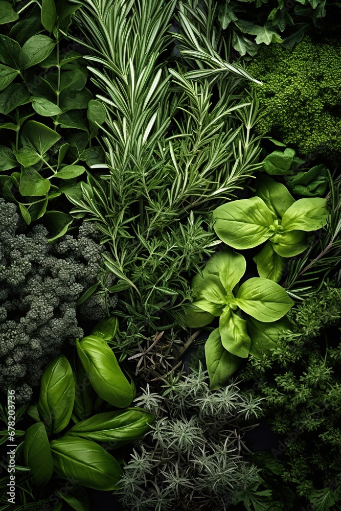 Various fresh herbs close up view.