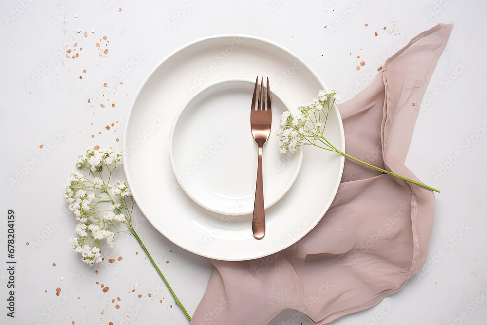 white plate with spoon and fork, Table setting and beautiful gypsophila flowers on white background