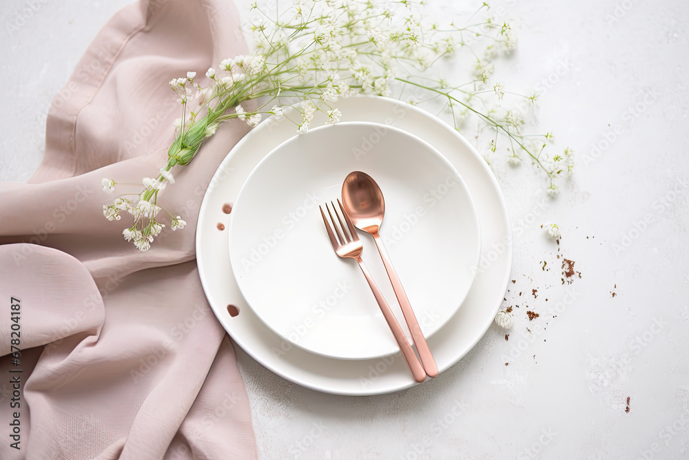 white plate with spoon and fork, Table setting and beautiful gypsophila flowers on white background