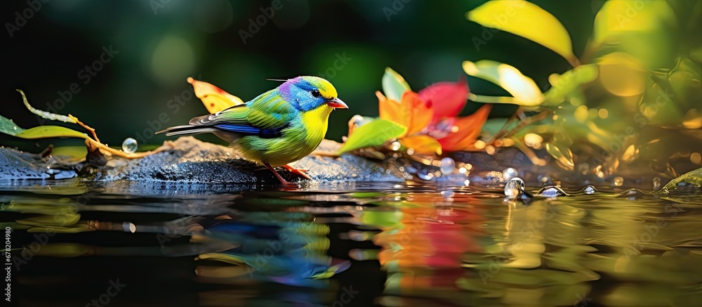 During the hot summer days a colorful bird finds solace in the nature filled forest and visits the garden to quench its thirst with water dripping from the bathroom tap creating a cute sight