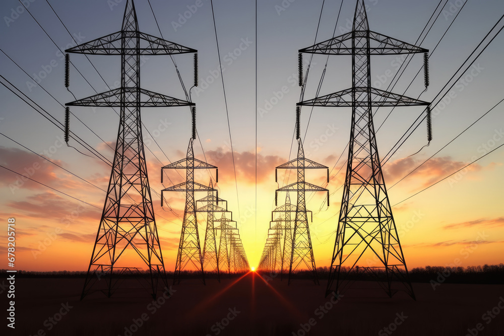 power lines at sunset, Pylon and high voltage powerline 