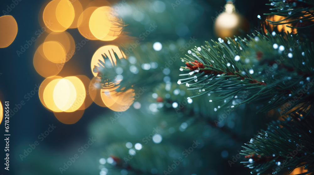 christmas tree and lights on blur light background, Decorated Christmas tree on blurred background.