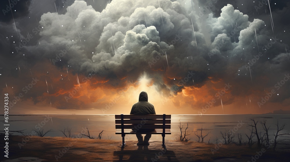 A solitary person is seated on a wooden park bench in contemplation or sadness, surrounded by the tranquility of a deserted park under a gloomy, overcast sky.