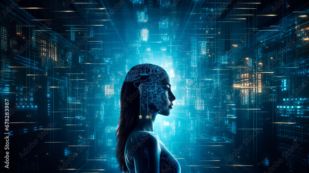 A female image combined with electronics. AI or artificial intelligence in the image of a robot. Cyborg in the form of a girl against the background of computer boards, technology